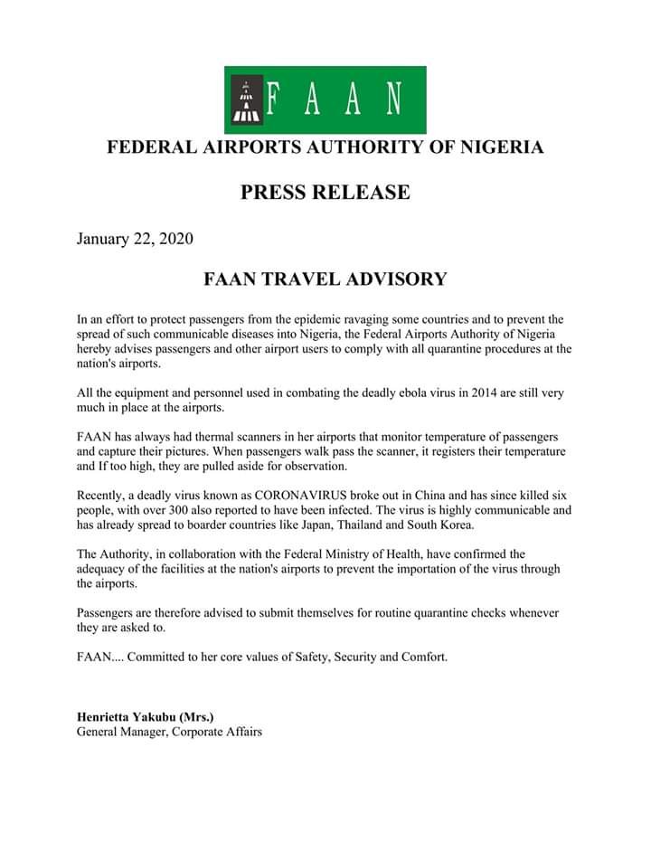 Following the outbreak of  Coronavirus, the Federal Airports Authority of Nigeria FANN issues travel advisory to intending travelers who want to travel out of the Country. 