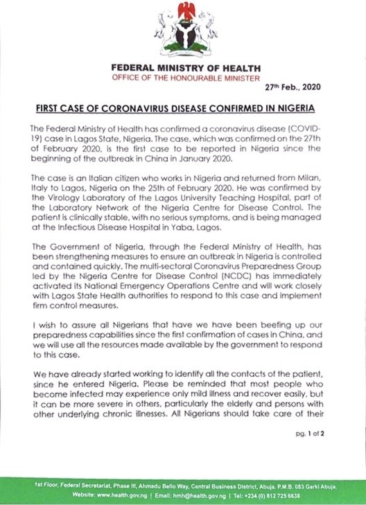 Federal Minister of Health Open Letter on Coronavirus Outbreak in Nigeria