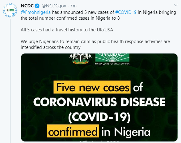 FG confirms five new cases of Coronavirus in Nigeria