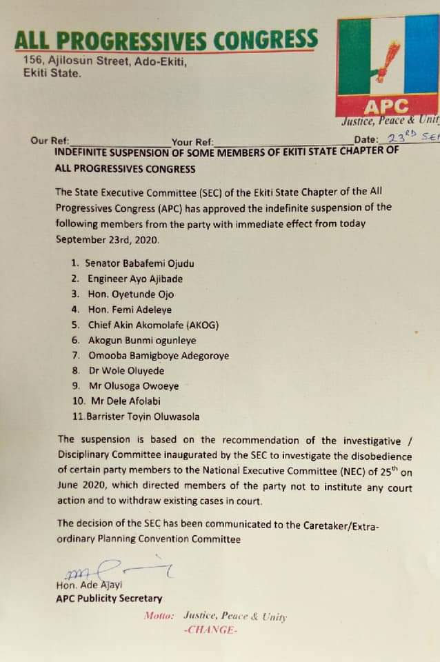 APC in Ekiti Suspends Babafemi