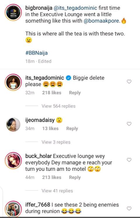 BBNaija 2021: Tega's Handler BEGS Big Brother To DELETE Pictures Showing Moments SHARED In The Executive Lounge