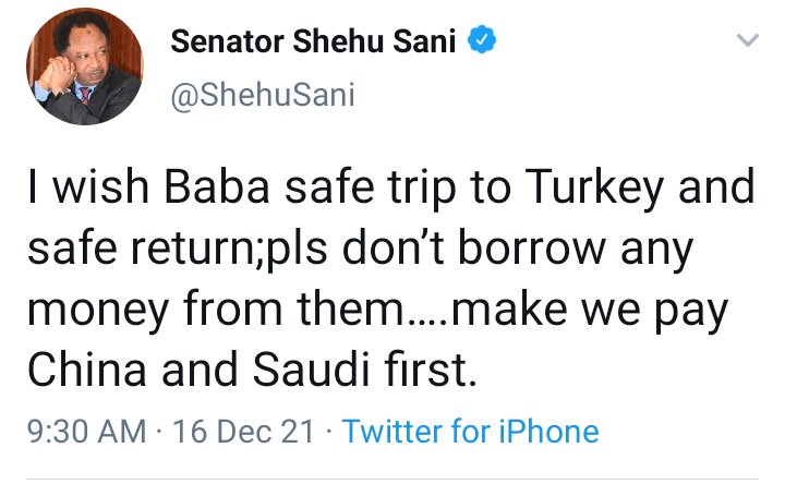 Please Don't Borrow More Money in Shehu Sani And Nigerians Beg Buhari As He Visits Turkey