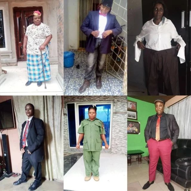 Funny Photos of Nigerian Women Rocking Their Husband's Clothes While Participating in Latest Viral Challenge