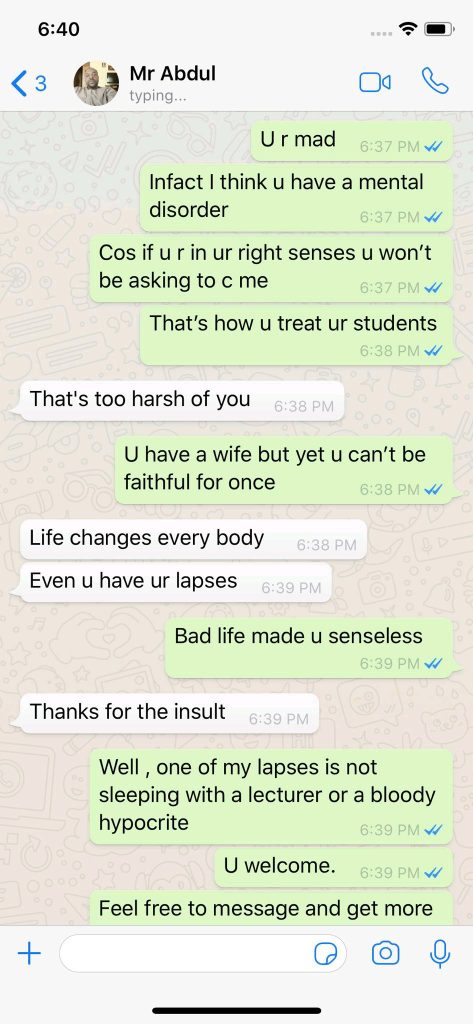 University female student shares WhatsApp conversation with Lecturer who failed her for refusing to sleep with him (Screensh0ts)