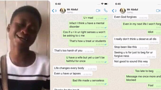 University female student shares WhatsApp conversation with Lecturer who failed her for refusing to sleep with him (Screensh0ts)