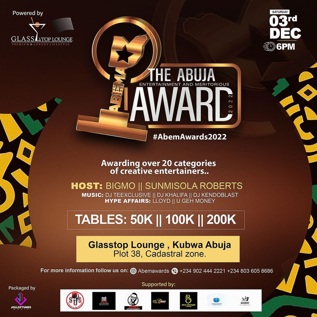 Abuja Entertainment And Meritorious Award 2022 Set To Hold At Glasstop Lounge Abuja