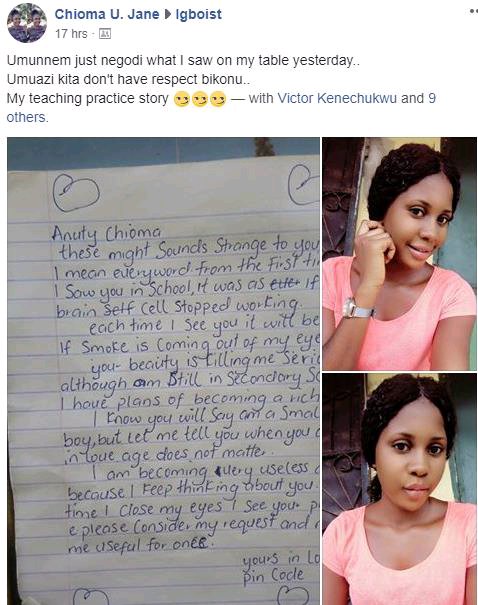 Junior student writes love letter to his beautiful teacher, Aunty Chioma, what he wrote will amaze you