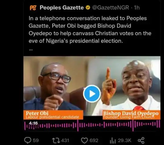 Identity of Journalist Suspended For Leaking Peter Obi, Oyedepo's Call Revealed As Ayoola Babalola From Peoples Gazette