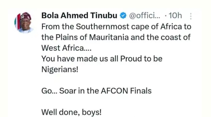 AFCON 2023: President Tinubu's Message To Supper Eagles