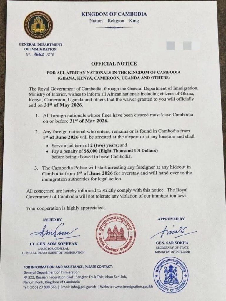 Cambodia Orders African Nationals to Leave by May 31 or Face Jail Time, $8,000 Penalty