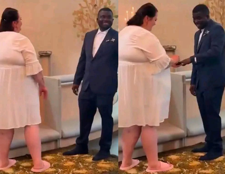 “Would the Guy’s Family Accept Her?” Mixed Reactions as Nigerian Man Weds Plus-Sized White Woman in Grand Style